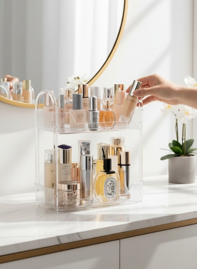 2-Tier Clear Acrylic Makeup Organizer – Cosmetic and Skincare Storage Rack for Perfumes, Creams, Serums, and Bottles – Elegant, Practical, and Space-Saving Design – Perfect for Vanity Tables, Bathroom Counters, and Bedroom Shelves – Moisture Resistant, Easy to Clean, Ideal for Daily Beauty Product Organization 30*17 Cm - Image 2